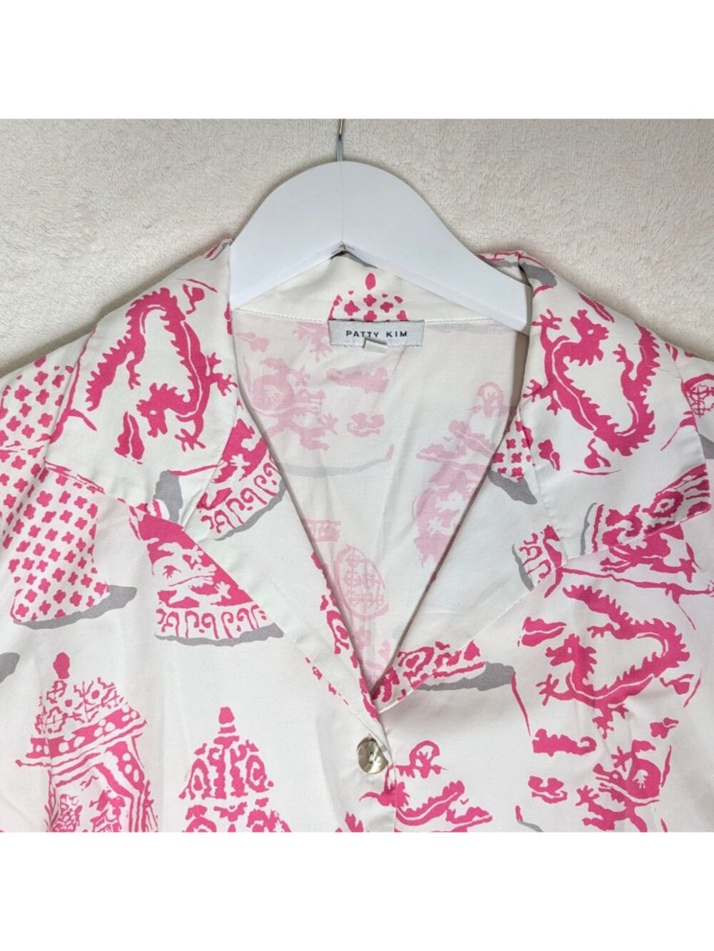 Patty Kim Sash Tie Blouse XL Chinoiserie Pink & White Button Front Minimalist Lu - Picture 3 of 11